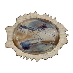 Studio Pottery Abstract Glaze Jagged Rim Platter Signed Artisan Serving Tray